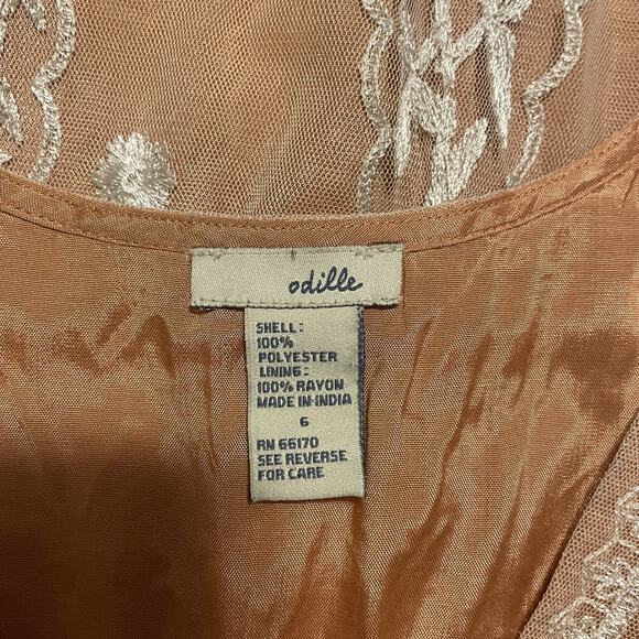 Odille Dress Womens 6 Tan White Floral Embroidered Mesh Overlay Sleeveless Bow - Picture 5 of 9